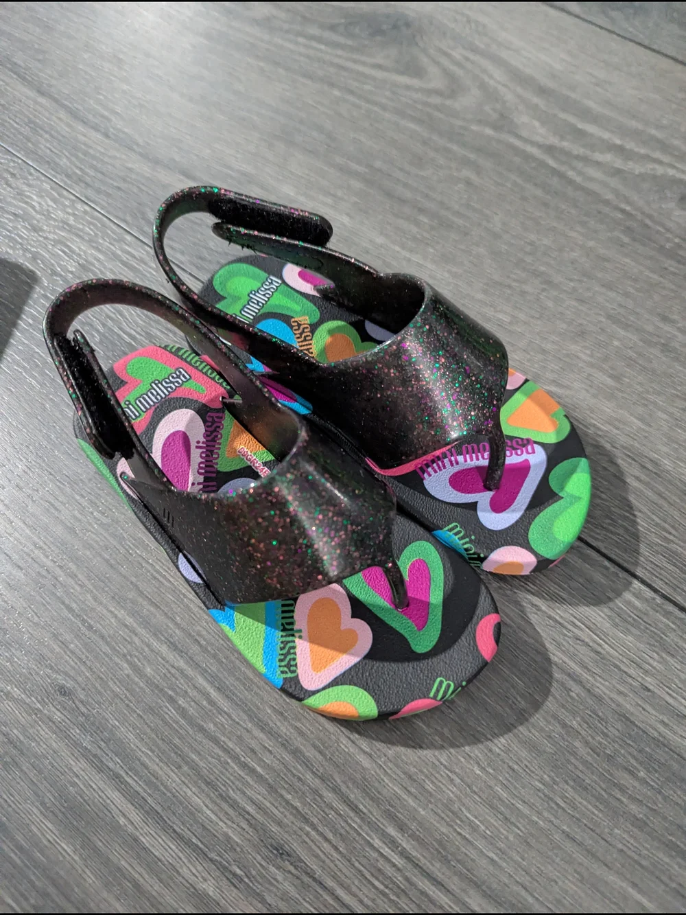 Mini Melissa Black Glitter Sandals with Colorful Heart Footbed